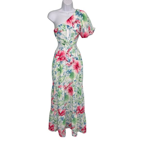 Hello Molly Where Wildflowers Bloom Red Green Floral One Shoulder Maxi Dress XS - Picture 1 of 9